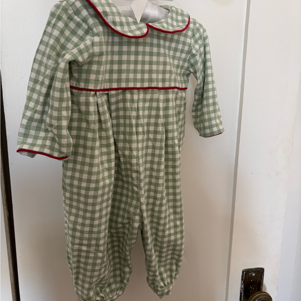 Cecil and Lou 6M Green Checkered Romper Long Bubble